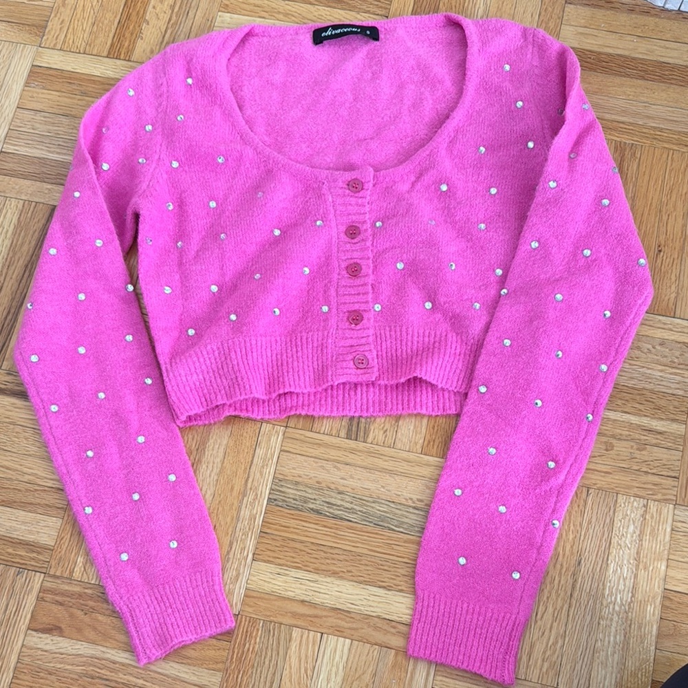 Pink Cropped Cardigan with Rhinestones